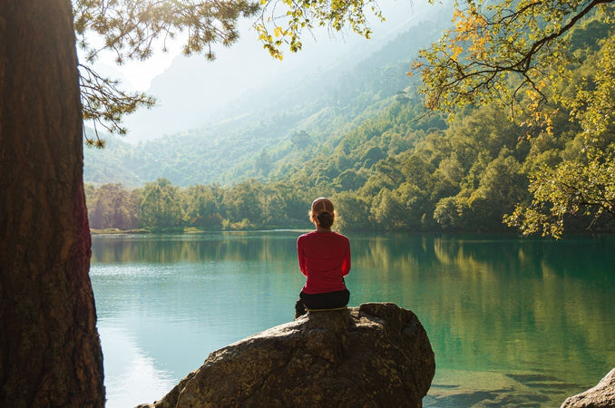 Woman sitting alone on a rock overlooking a calm lake surrounded by lush spring greenery, viewed from behind in soft morning light.