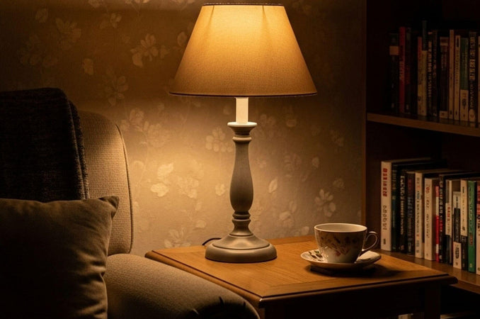 A softly lit reading nook with a glowing table lamp, a cozy armchair, and a cup of tea beside a bookshelf, perfect for a quiet evening reset.