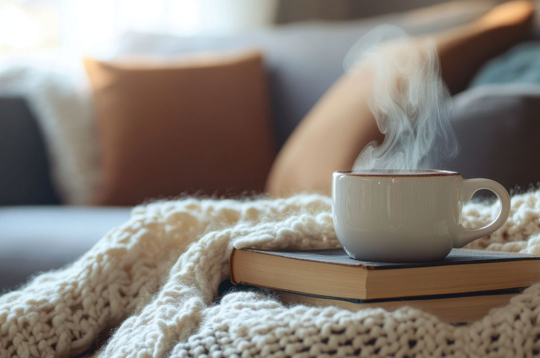 a mug with a warm drink sitting on a stack of books on top of a knit throw