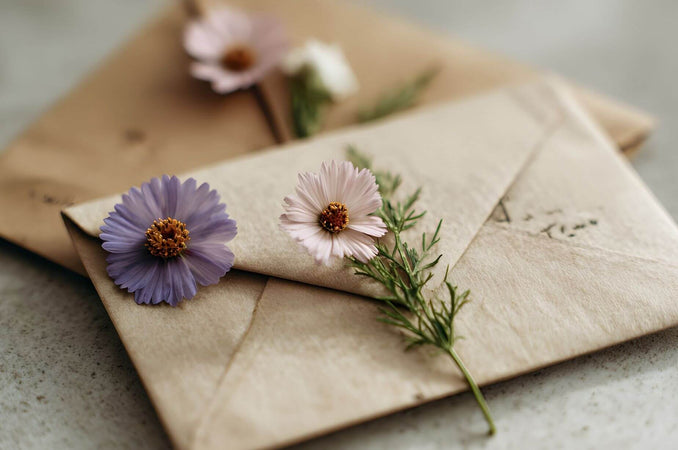 Handwritten envelopes decorated with delicate purple and pink flowers and greenery.