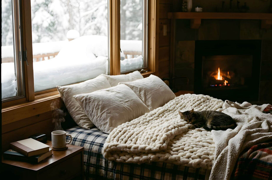 Cozy winter bed with knit blanket, cat, and fireplace view.
