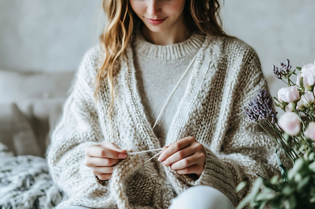 Woman knitting in cozy sweater