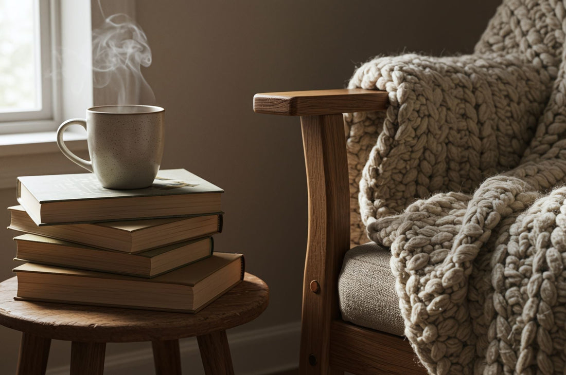 A cozy fall scene with a steaming mug of tea resting on a stack of books beside a wooden chair draped with a chunky knit blanket in soft, natural light.