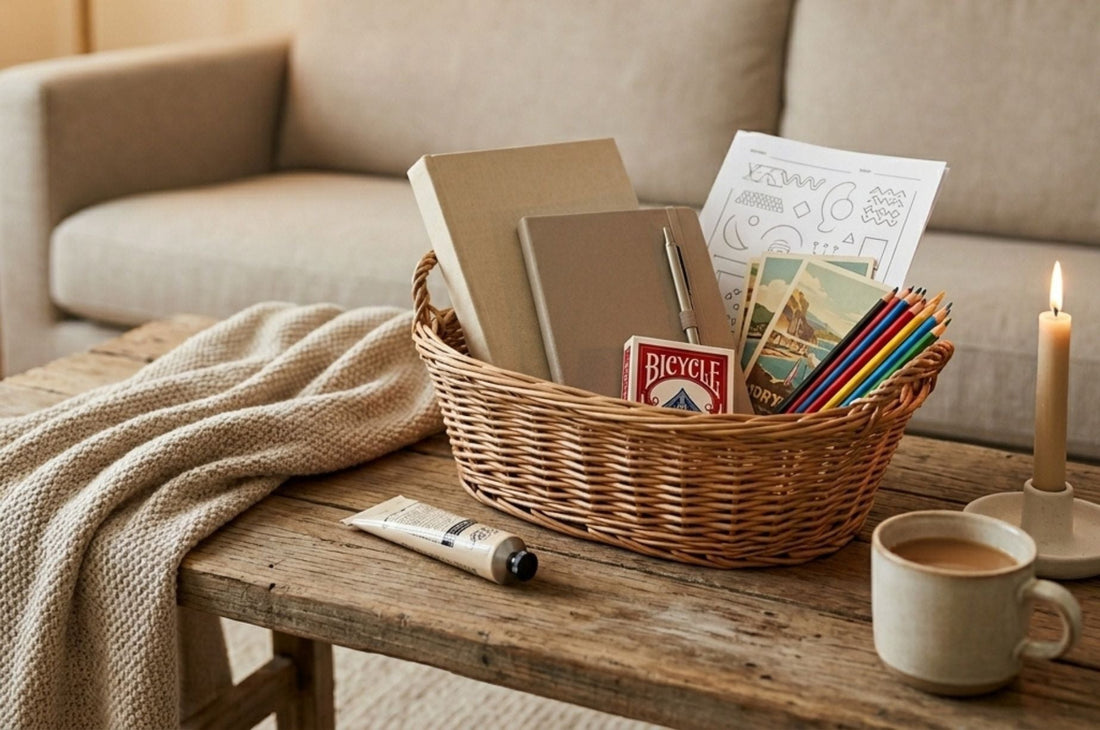 A wicker basket of screen-free activities sits on a wooden coffee table, filled with a book, journal and pen, postcards, Bicycle playing cards, and colorful pencils, with hand cream, a mug of tea, and a lit candle beside a cozy throw and sofa.