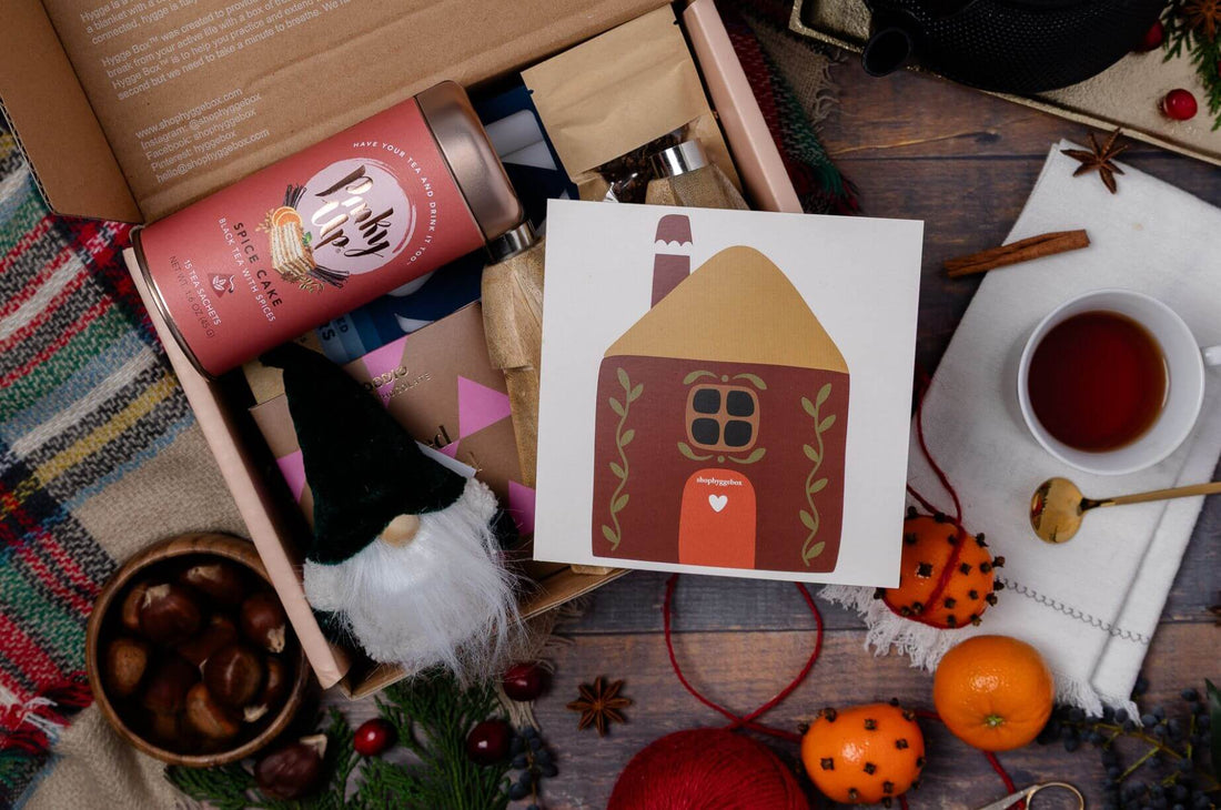 A Hygge Gift Box with tea, gnome and other cozy goodies.