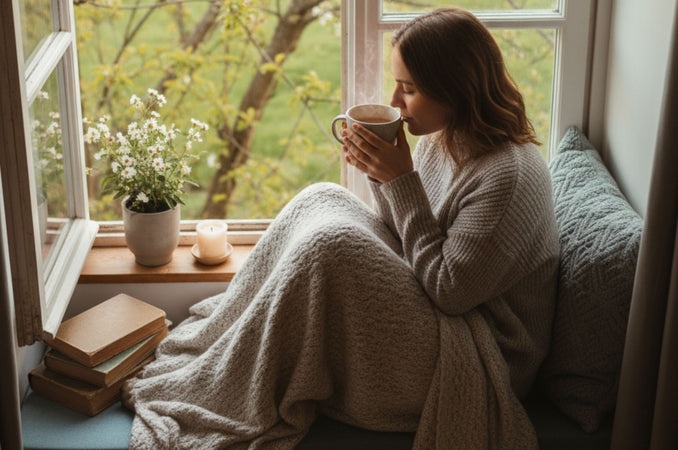 Woman sitting by an open window wrapped in a knit blanket, holding a warm mug, with spring flowers, a candle, and stacked books on the sill