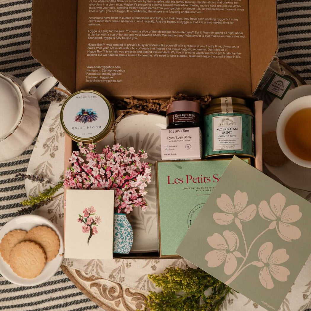Curated Hygge Box Gift Box with tea, cookies, and more.