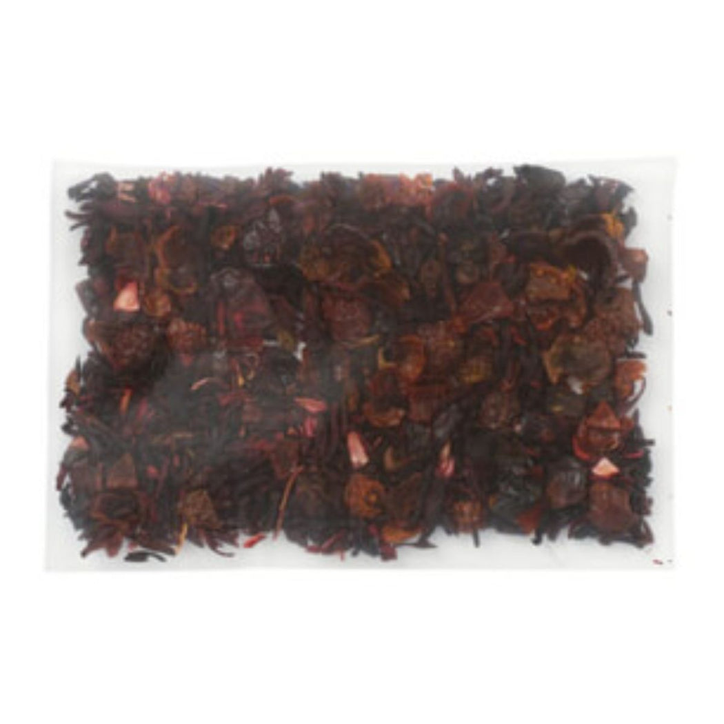 A pouch filled with Berry Blast herbal tea, a lively mélange of tangy hibiscus black currants, cranberries, raspberries, and rose hips. 