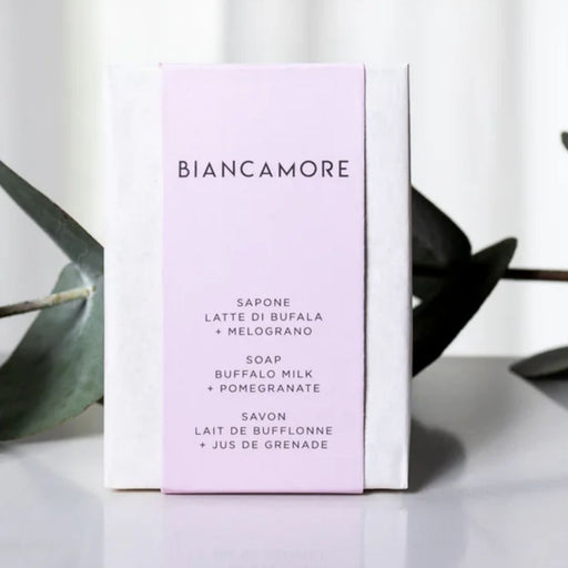 Biancamore soap packaging with text on a white background