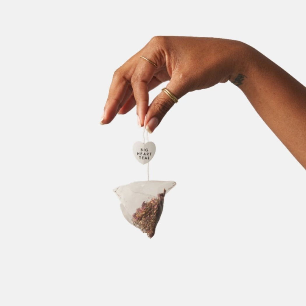 Hand holding a triangular tea bag with visible herbs against a white background