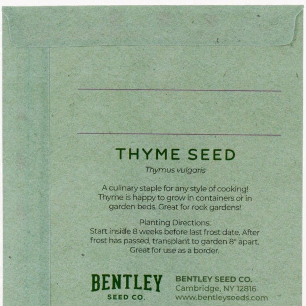 Thyme seed packet with text and Bentley Seed Co. branding