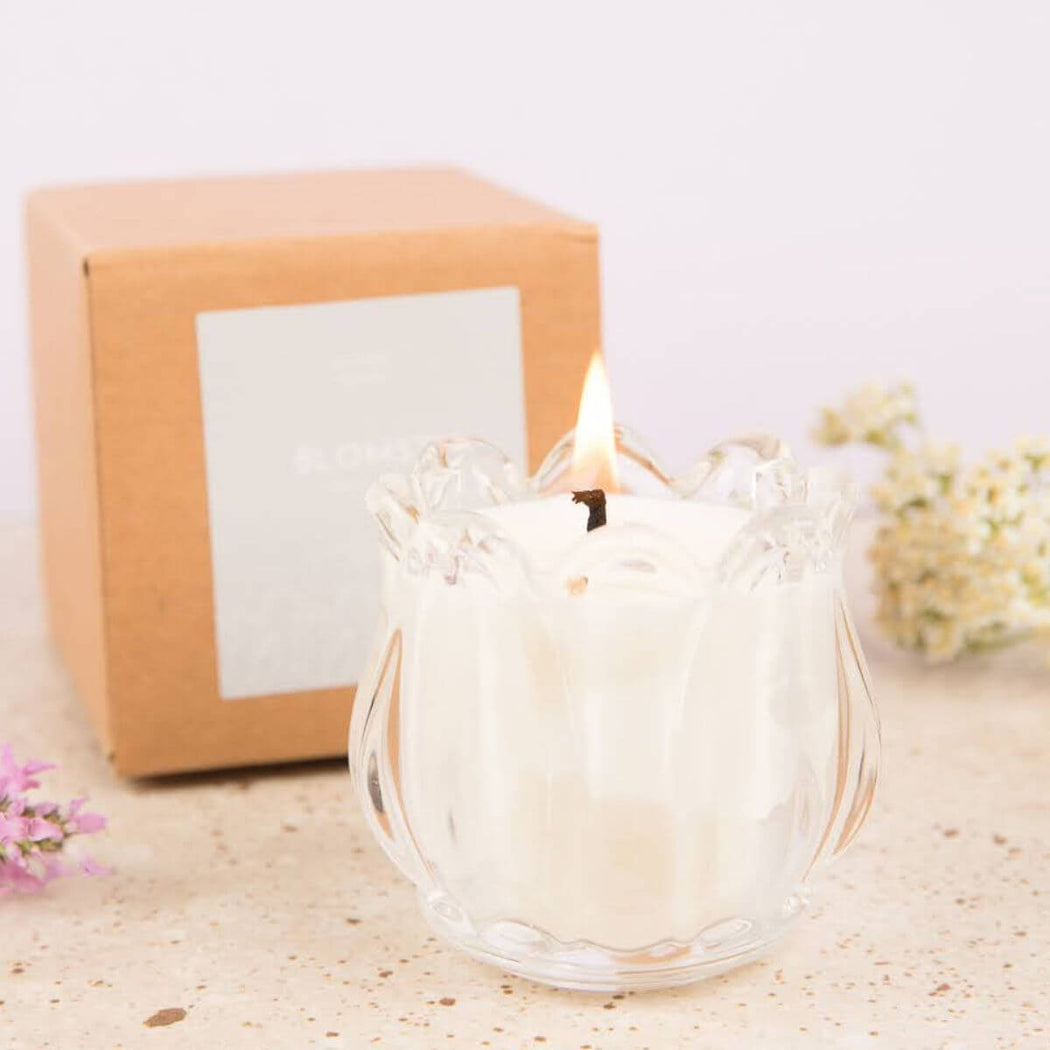 Hygge Haus Blomst Unscented Candle in Tulip Shaped Glass Jar | Shop Hygge Box