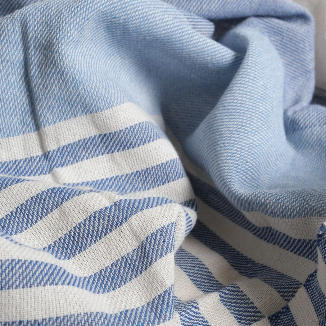 Close-up of blue and white striped turkish towel