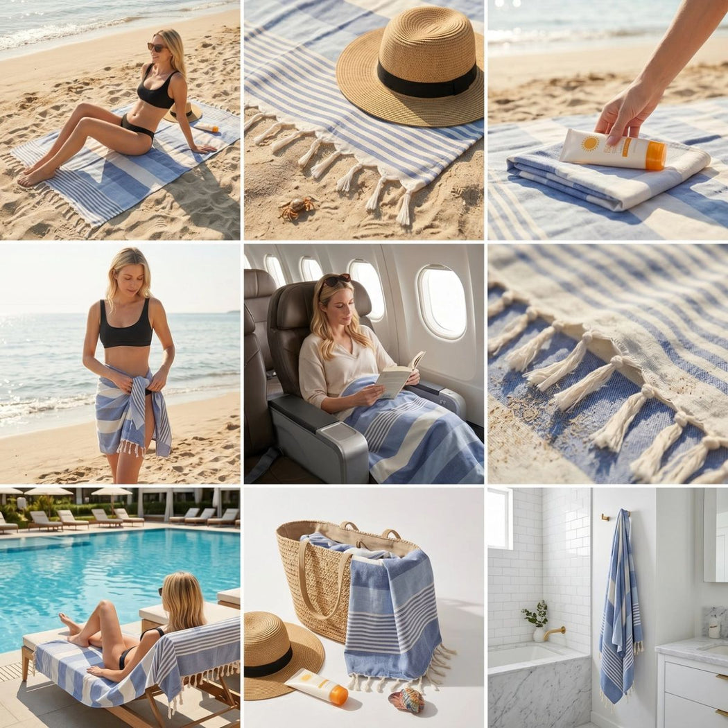 Collage of a blue and white striped towel being used on various settings including beach, pool, and airplane.