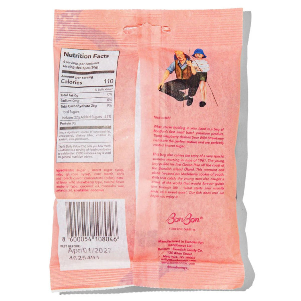 Back of a bag of BonBon Sour Wild Strawberry Fish candy, showing the nutrition facts panel, barcode, and printed story text on a white background.