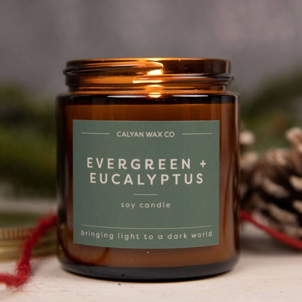 Evergreen & Eucalyptus Soy Candle Amber Glass Jar 4 oz