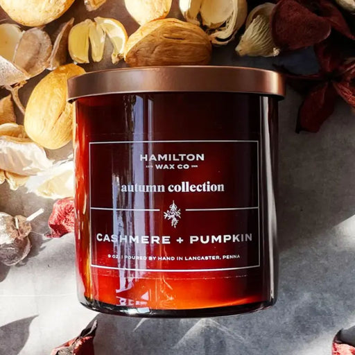 Hamilton Wax Co Cashmere + Pumpkin candle from the Autumn Collection – 9 oz amber glass jar with warm, smoky, sweet fall scent hand-poured in Lancaster, PA.