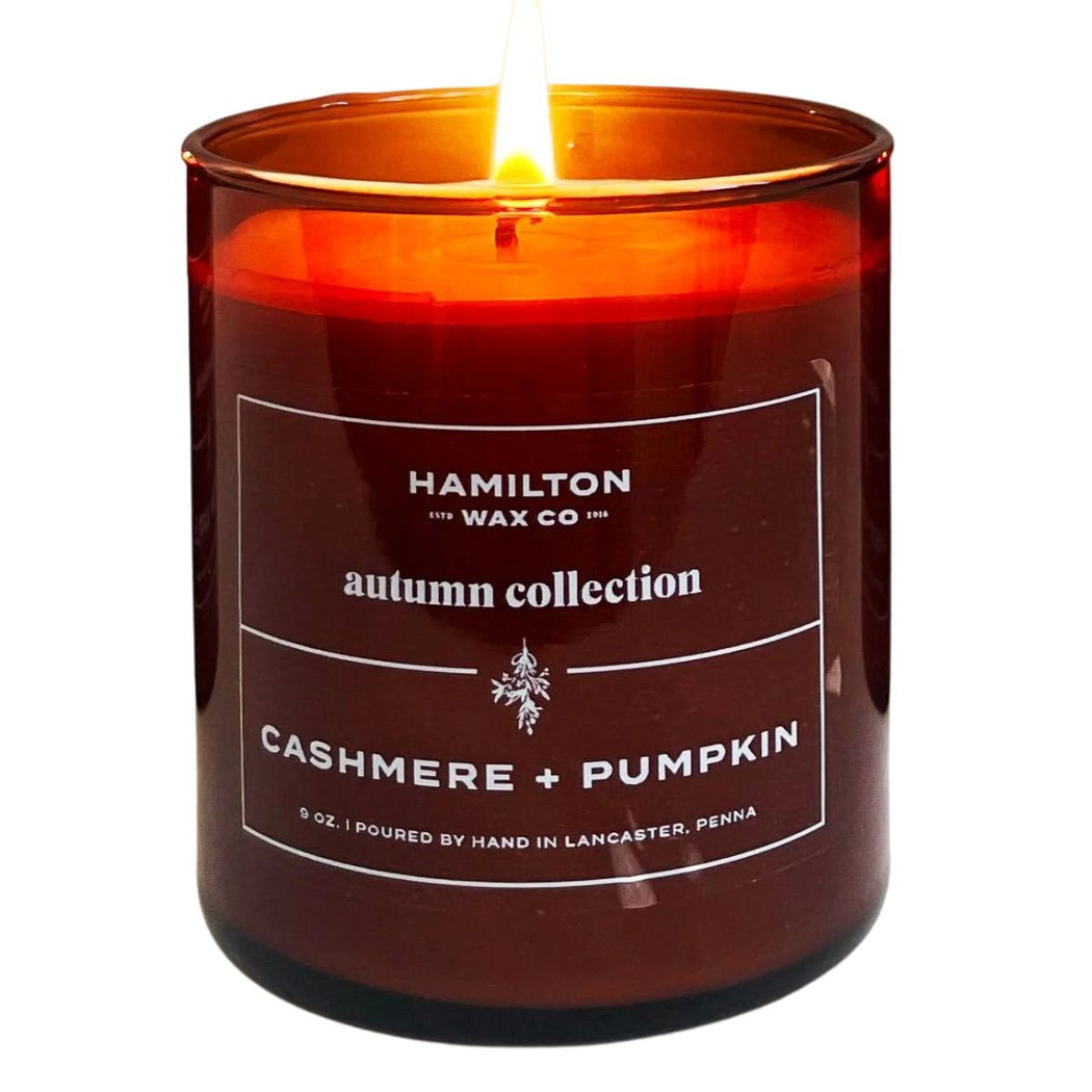 Cashmere + Pumpkin candle – 9 oz amber glass jar with warm, smoky, sweet fall scent hand-poured in USA.