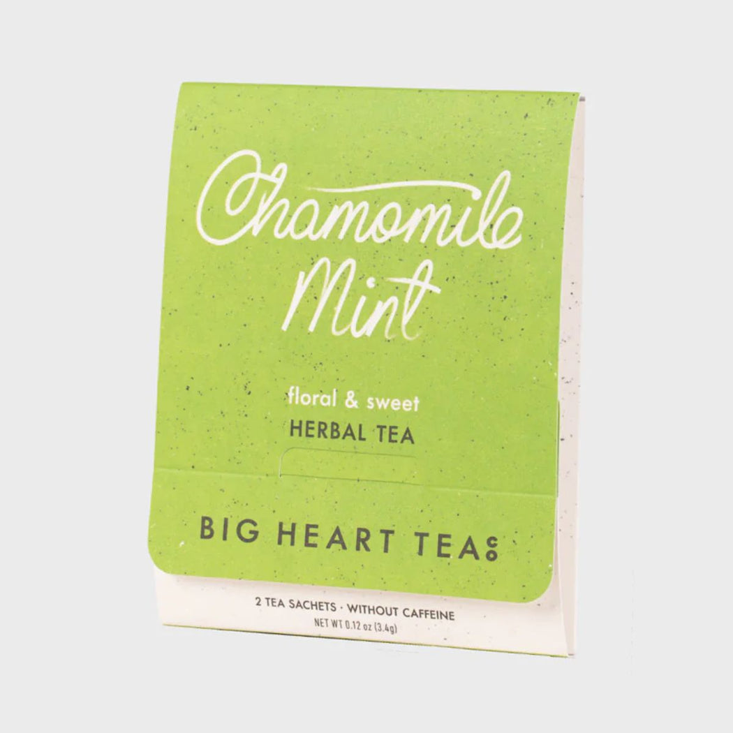 Green package of Chamomile Mint herbal tea from Big Heart Tea on a white background