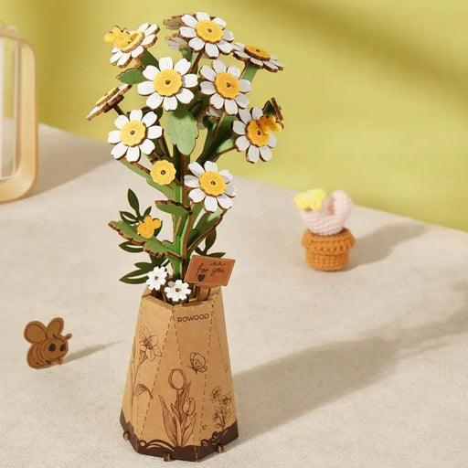 DIY wooden flower puzzle bouquet with chamomiles in illustrated vase – handcrafted eco-friendly craft kit for home décor or gifting