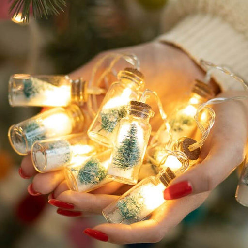 String lights in small bottles held by a person with red nail polish.