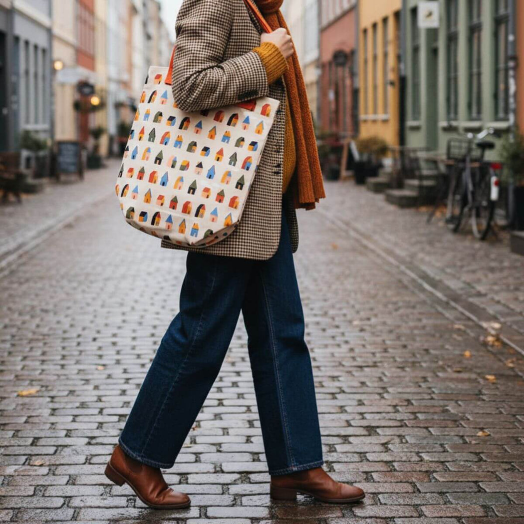 woman on city street carrying a tote bag with an all over print of cozy houses.