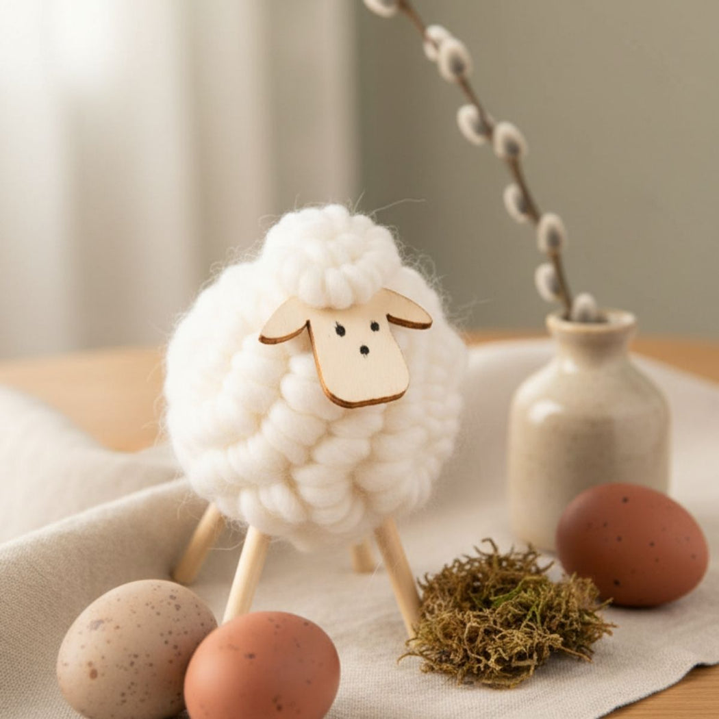 Decorative sheep figurine with eggs and a vase on a neutral background