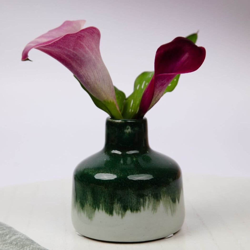 Green vase with pink and purple calla lilies on a white background