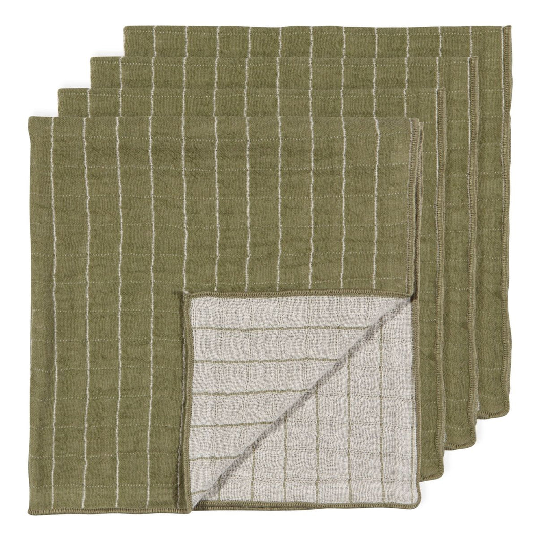 Olive green double-weave cotton napkins with thin white stripes, shown as a set with the natural unbleached reverse folded forward.