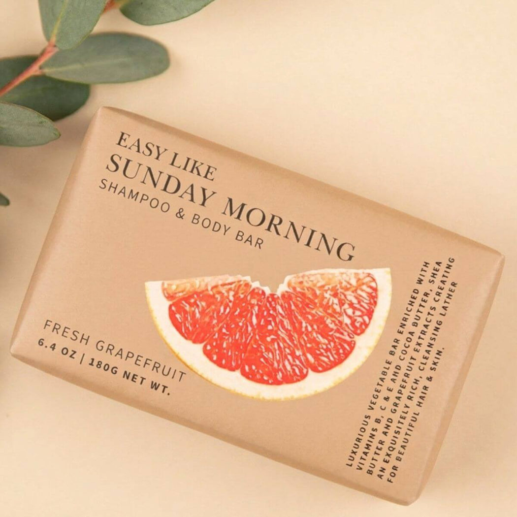 Shampoo and body bar with a fresh grapefruit scent on a beige background