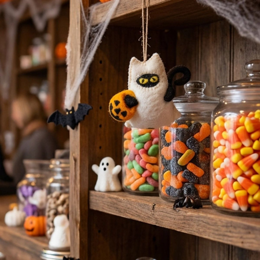 A Halloween-themed felt cat ornament hanging from a rustic wooden shelf, surrounded by candy jars, small ghost decorations, cobwebs, and a black bat ornament. The black felt cat is dressed up in a white ghost outfit holds an orange pumpkin.