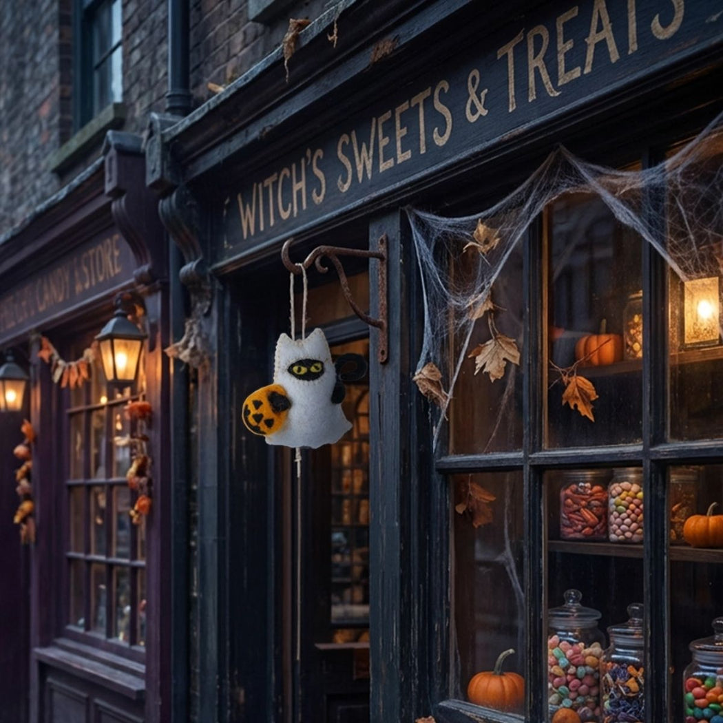 A Halloween storefront scene with a dark shop named "Witch's Sweets & Treats," cobwebs, pumpkins, candy jars, and a small cat dressed up like a white ghost ornament with a pumpkin accent hanging from the door.