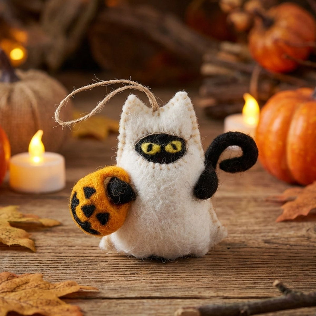 White cat ornament with black accents on a wooden surface with pumpkins and candles in the background