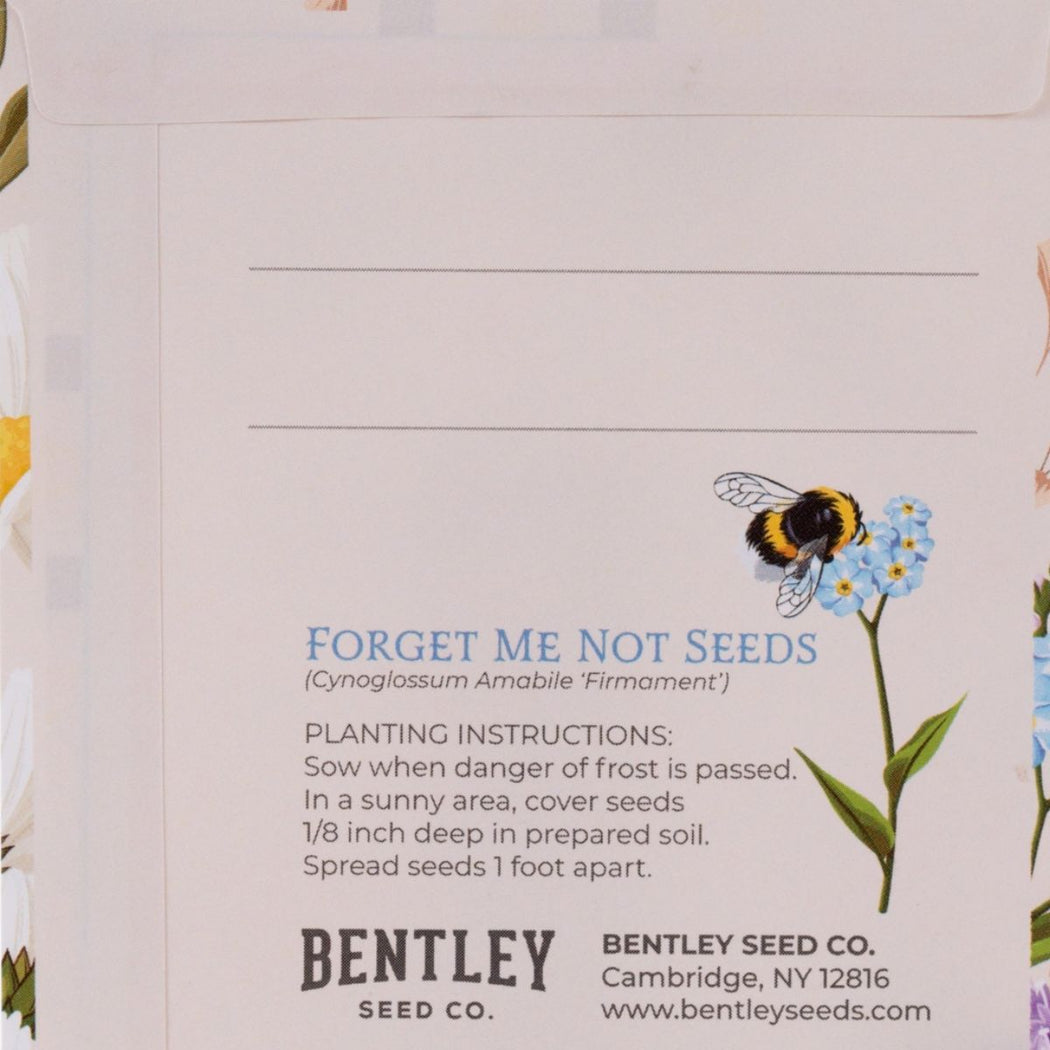 Bentley Seed Co. packaging with bee and forget-me-not flowers, featuring planting instructions.