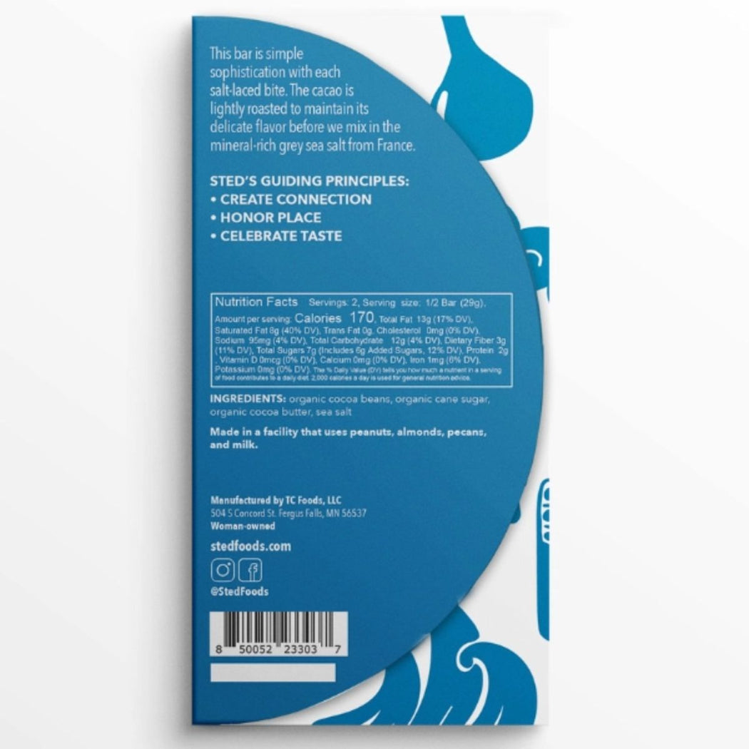 Back of a chocolate bar packaging with text and branding.
