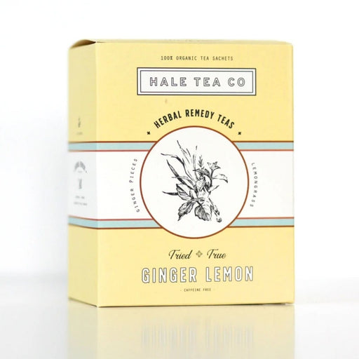 Box of Hale Tea Co. Ginger Lemon Herbal Remedy Tea, featuring vintage-style botanical illustration and labeled as caffeine-free with 15 sachets.