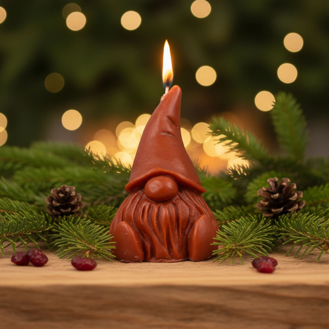 Gnome Shaped Candle with Holiday Background