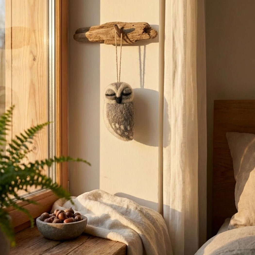 Decorative wool felt grey owl hanging on a wall next to a window with a bowl of nuts and a plant.