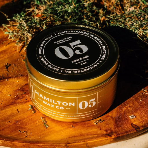 Moss + Oak soy candle by Hamilton Wax Co – handpoured in Lancaster, PA with earthy notes of sage, amber, and oakmoss for a cozy, woodsy aroma.