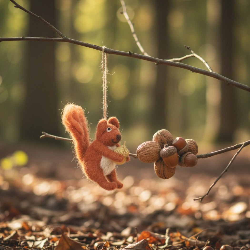 Felted squirrel ornament holding an acorn on a branch in a forest setting