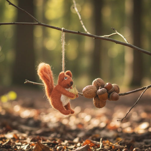 Felted squirrel ornament holding an acorn on a branch in a forest setting