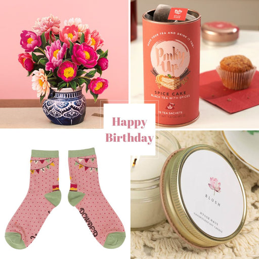 Collage of birthday-themed products including socks, candle, tea, and a pop up card of bouquet of flowers.