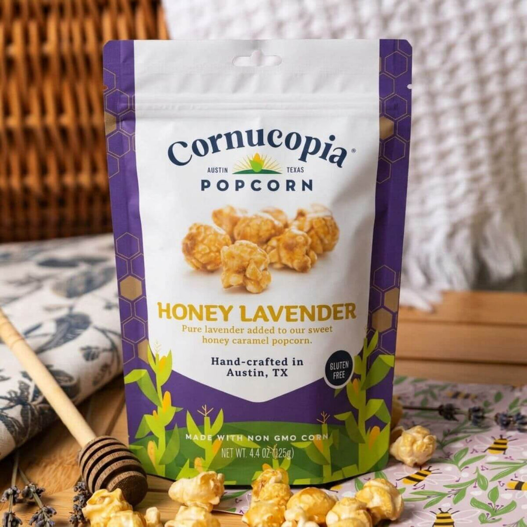 Cornucopia Popcorn Honey Lavender package with popcorn on a table
