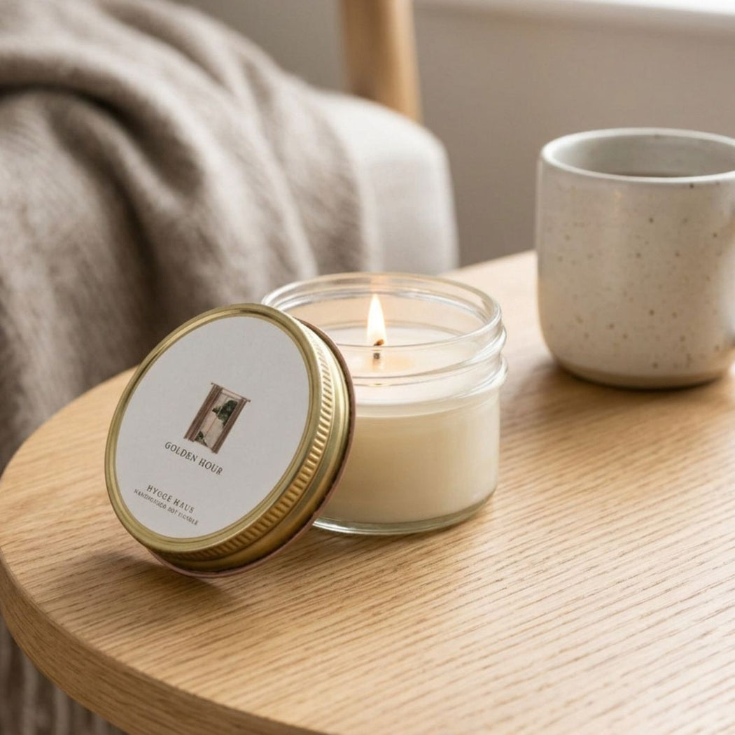Candle in a glass jar with a lit wick on a wooden surface next to a ceramic mug.