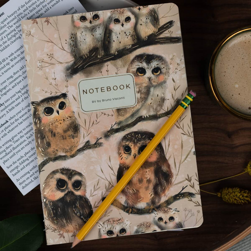 A notebook with an owlets illustration cover, placed on a dark wooden surface with a yellow pencil resting diagonally across it.
