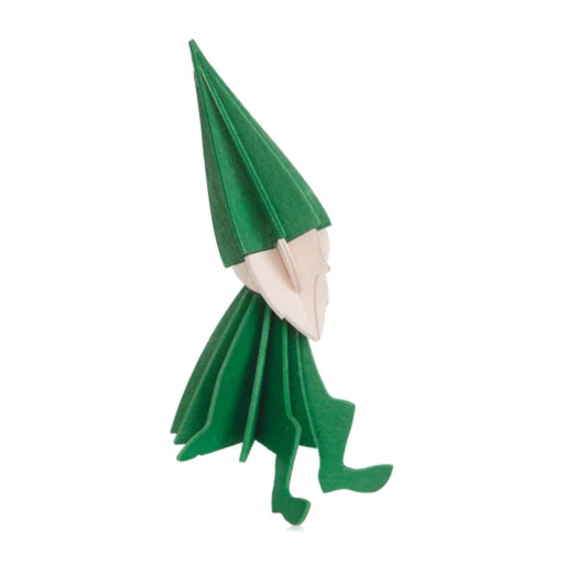 Green Lovi elf figurine made from wood on a white background