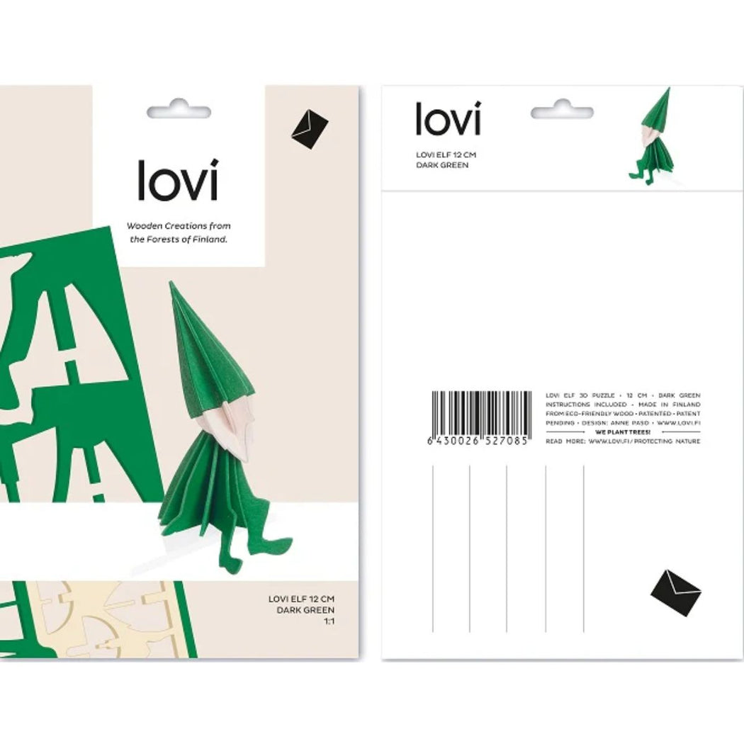 Packaging of a green elf figure with 'lovi' branding on a white background