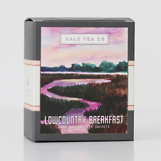 Box of Hale Tea Co. Lowcountry Breakfast Tea featuring a painted Lowcountry landscape and labeled with 10 pyramid sachets of English Breakfast tea.