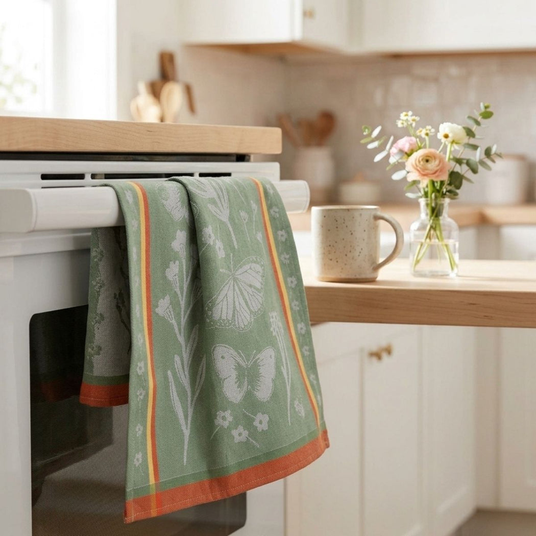 Green kitchen towel with floral design hanging on a stove in a kitchen setting.
