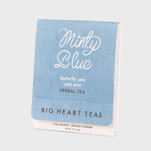 Tea package labeled 'Minty Blue' from Big Heart Tea on a white background
